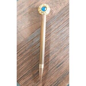 Blue Clear Rhinestone Vintage Metal Mechanical Gold Brass Tone Pencil